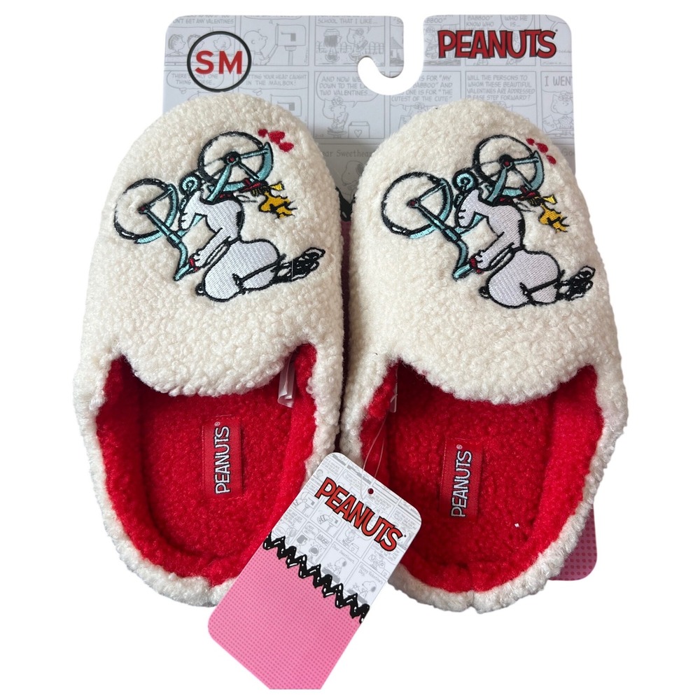 NEW Peanuts Snoopy Bicycle & Heart Slippers Cream Red Sherpa Mules Ground Up SM - Picture 2 of 5